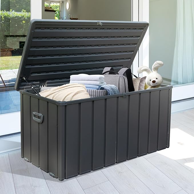 Domi 120 Gallon Deck Box, Outdoor Metal Lockable Storage Cabinet with Resin Lid, Waterproof Steel Outdoor Bench with Lockable Lid, Side Handles for Outside Cushions, Pillows, Garden Tools, Grey