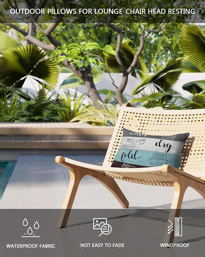 Outdoor Pillows Covers with Inserts Laundry Rules Retro Blue White Wood Board Grain Waterproof Pillow with Adjustable Strap Throw Pillows for Patio Furniture Recliner Lounge Chair, 11x16 inch, 2PCS