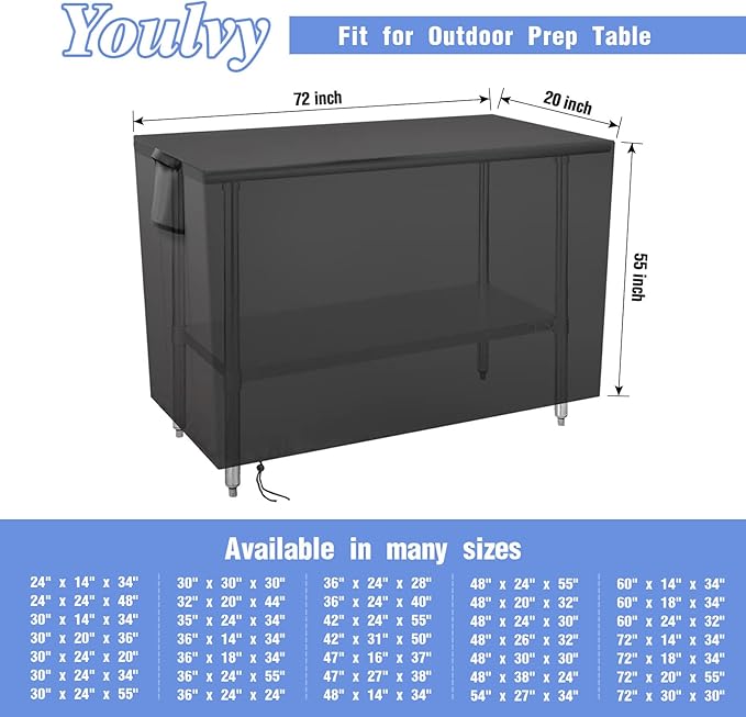 Outdoor Prep Table Cover 72 Inch,Waterproof Patio Outdoor Stainless Steel Metal Grill BBQ Table Cart Cover Dustproof Windproof All Season Pretection for Outdoor Table - 72 x 20 x 55 Inch