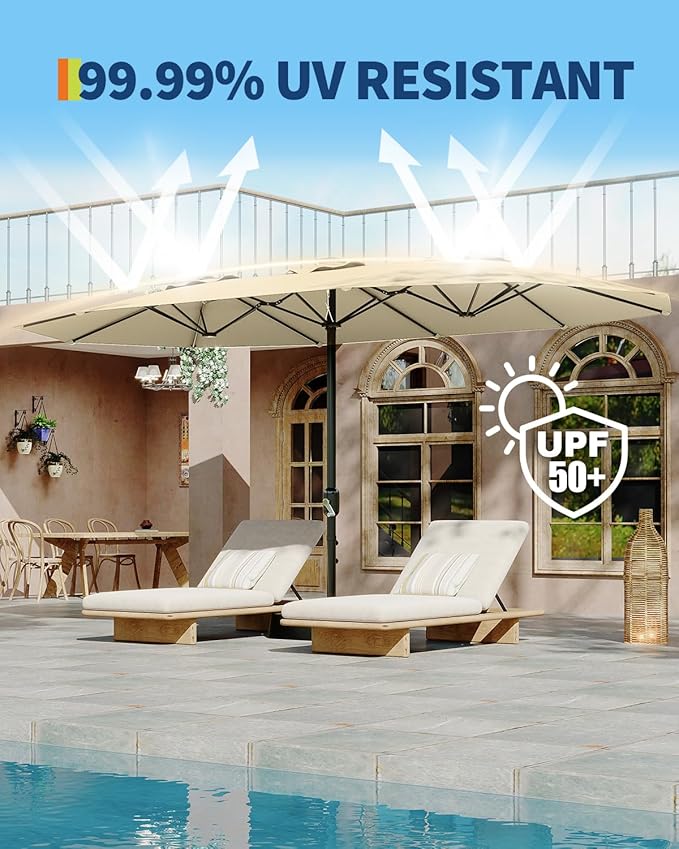 GarveeLife 15 ft Large Patio Umbrella with Lights, 36 LED Lights Double-sided Patio Umbrella with Weighted Base for Poolside Garden Backyard