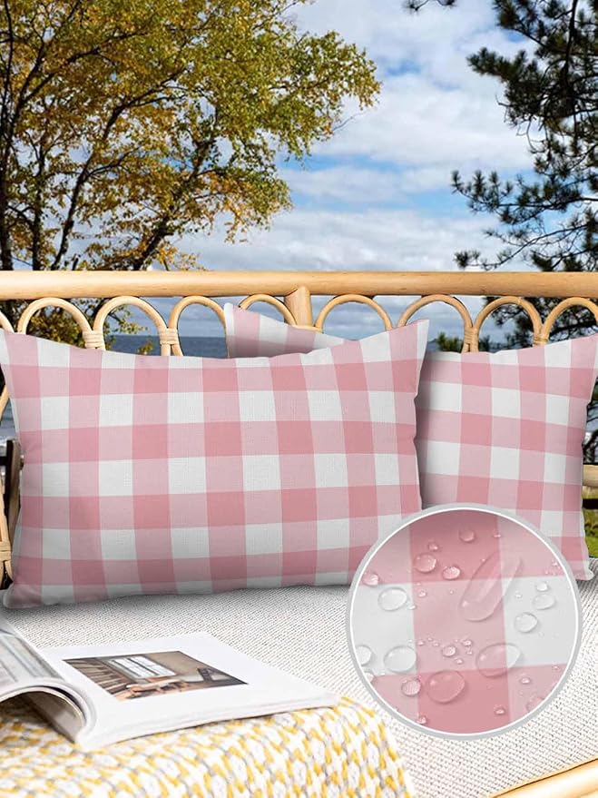 Outdoor Waterproof Throw Pillow Covers Set of 2 Romantic Love Lumbar Pillowcases 20x12 Inches Pink Buffalo Check Plaid Patio Decorative Pillows Cushion Case Patio Pillows for Couch Bed Chair Garden