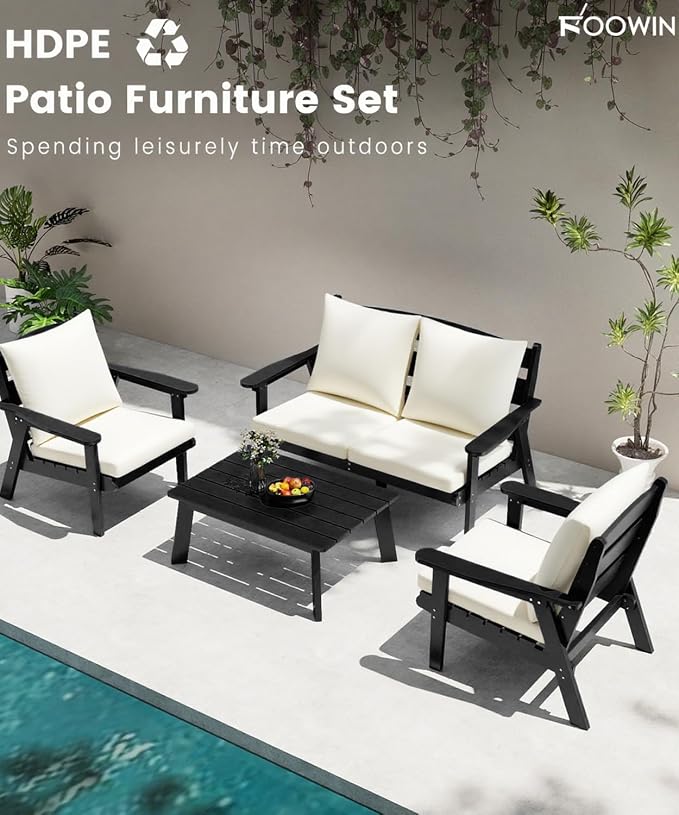FOOWIN 4-Piece Patio Furniture Set, HDPE All-Weather Outdoor Conversation Set with Thick Cushions, Sectional Patio Sofa Furniture for Deck, Porch, Lawn, Garden, Black Frame & White Cushion