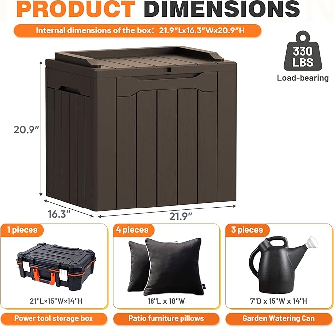 32 Gallon Deck Box Outdoor Indoor Waterproof Storage Box for Patio Furniture, Pool Accessories, Garden Tools, and Cushion Storage, Brown