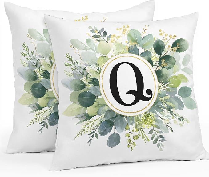 Letter Q Waterproof Outdoor Pillow Covers Set of 2 Home Decor, Alphabet Green Eucalyptus Leaves Lumbar Pillowcase Patio Pillow Covers for Couch Bench Patio Furniture Garden 20x20in