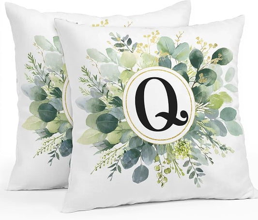 Letter Q Waterproof Outdoor Pillow Covers Set of 2 Home Decor, Alphabet Green Eucalyptus Leaves Lumbar Pillowcase Patio Pillow Covers for Couch Bench Patio Furniture Garden 20x20in