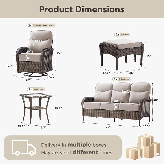 HUMMUH 5-Piece Patio Furniture Set with Upgraded 6" Thick Cushion - High Back Outdoor Swivel Rocker Chairs with 3-Seater Sofa,Ottomans,Wicker Outdoor Conversation Set for Deck,Porch,Yard,Poolside