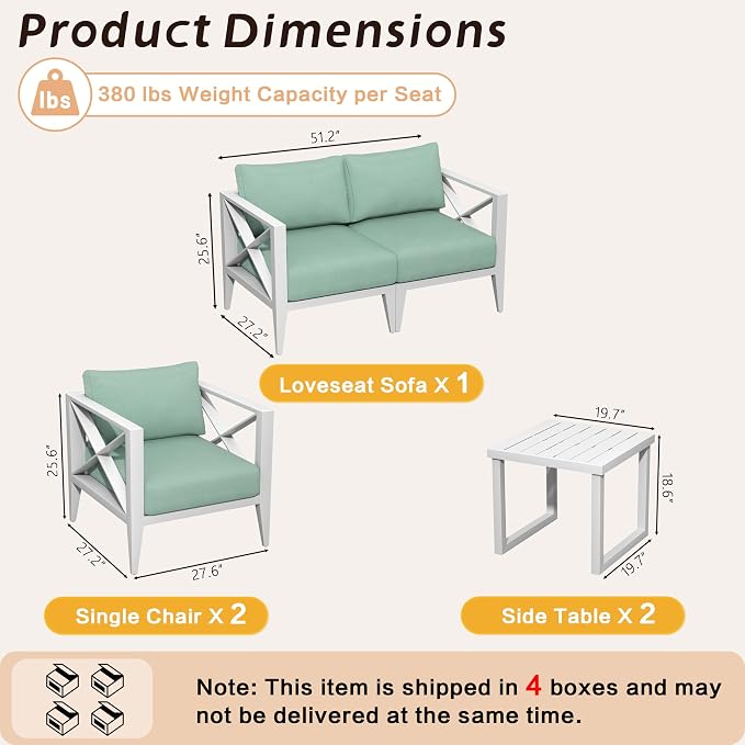 Outdoor Aluminum Patio Furniture Set, 4-Seats Patio Conversation Sofa Set with 2 Coffee Table, All Weather for Pool, Balcony, Garden-White