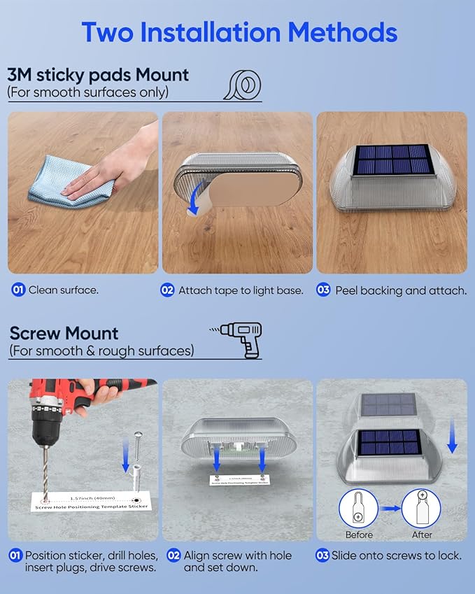 DetarZinLED Solar Deck Lights Outdoor, 12 Pack Warm White Driveway Lights Solar Powered, IP68 Waterproof Stick on & Screw Dock Light for Pathway, Walkway, Sidewalk, Patio, Pool Deck, Garden, Step