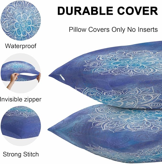 Vandarllin Outdoor Throw Pillows Covers 16x16 inch Set of 2 Waterproof Blue Boho Floral Decorative Zippered Cushion Covers for Patio Furniture, Bohemian Flower Lumbar Pillowcases