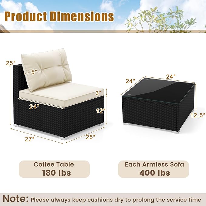 5 Pieces Patio Furniture Set, Outdoor Sectional Sofa with Tempered Glass Coffee Table & Cushions, Wicker Patio Conversation Set for Porch, Deck, Balcony, Poolside & Backyard
