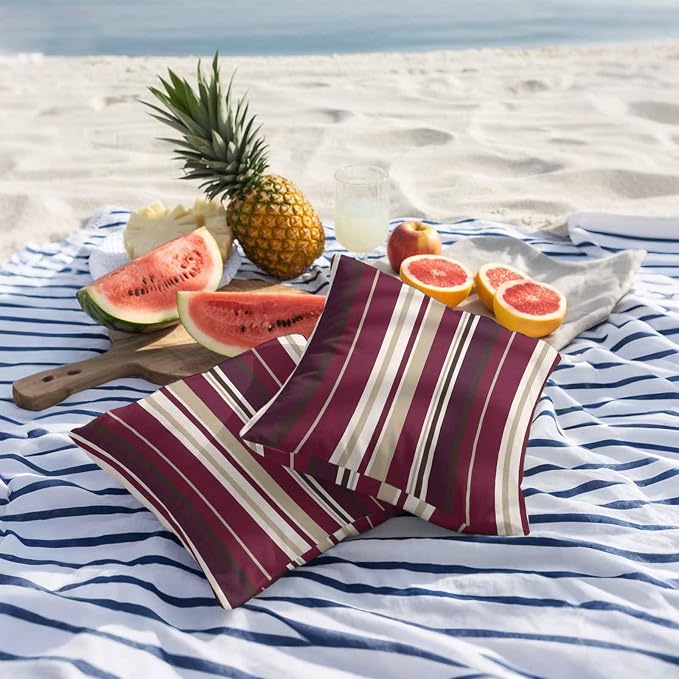 Outdoor Waterproof Throw Pillow Covers Set of 2 Red Striped Pillowcases 20x20 Inches Geometric Beige Stripes Decorative Pillows Cushion Case Patio Pillows for Couch Bed Chair Garden