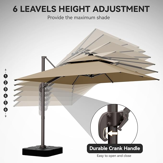 GENTEACO 10X10 FT Cantilever Umbrella with Base Included, Large Offset Patio Umbrella with Double Top, 6 Angle Tilts & 360° Rotation, Large Square Sun Umbrellas for Outdoor Pool Market, Tan