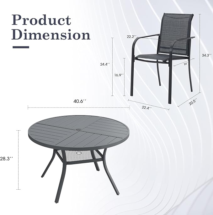 5 Pieces Outdoor Dining Set, Stackable Textilene Paito Chairs & 40.5" Round Dining Table with Umbrella Hole and Shelf, Patio Dining Set for Backyard, Deck, Garden, Grey & Dark Grey