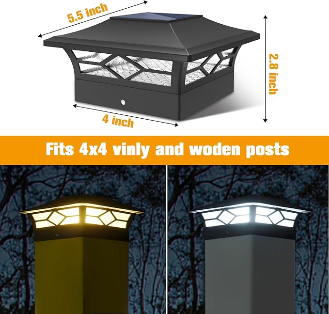 Solar Post Cap Lights Outdoor 4pack, Waterproof Solar Powered Deck Fence Post Lights for 4x4 Wood/Vinyl Posts, Solar Outdoor LED Light with Cool/Warm Lighting Decorate Garden Patio Porch…