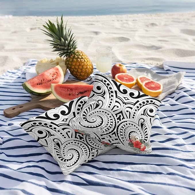Outdoor Waterproof Throw Pillow Covers Set of 2 Polynesia Abstract Ethnic Pattern Pillowcases 18x18 Inches Boho Style Flower Decorative Pillows Cushion Case Patio Pillows for Couch Bed Chair Garden