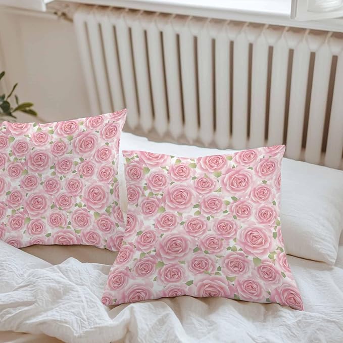 Vandarllin Outdoor Throw Pillows Covers 16x16 inch Set of 2 Waterproof Pink Rose Floral Decorative Zippered Cushion Covers for Patio Furniture, Flowers Leaves Plants Lumbar Pillowcases