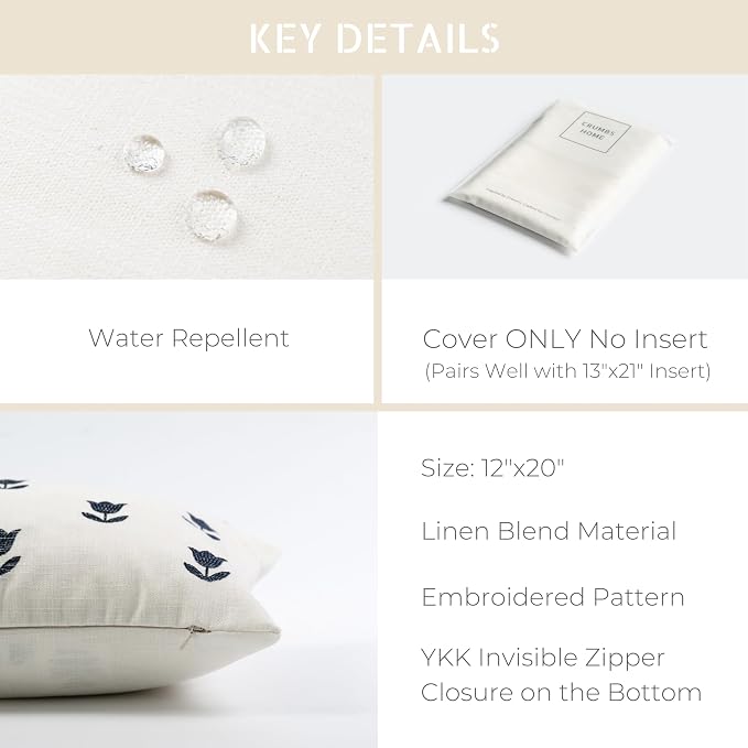 Coastal Linen Indoor Outdoor Lumbar Pillow Cover Only, 12"x20" Water Repellent for Patio, Backyard, Couch, Neutral Dark Navy Floral