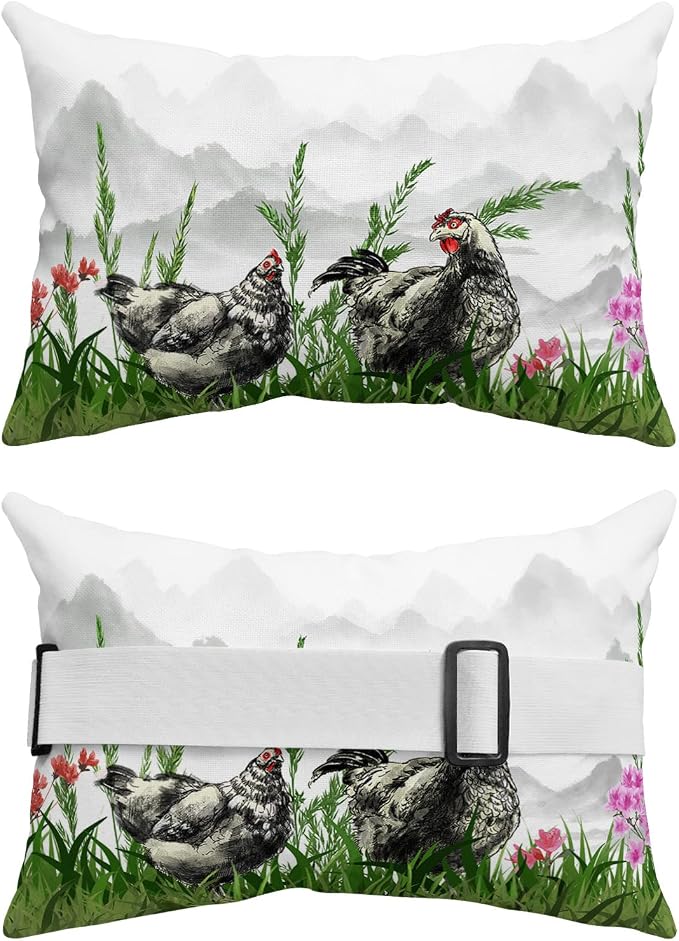 Outdoor Pillows Covers with Inserts Farmhouse Chicken Flower Ink Painting Green Waterproof Recliner Pillow with Adjustable Strap Throw Pillows for Patio Furniture Pool Lounge Chair, 11x16 inch, 1PCS