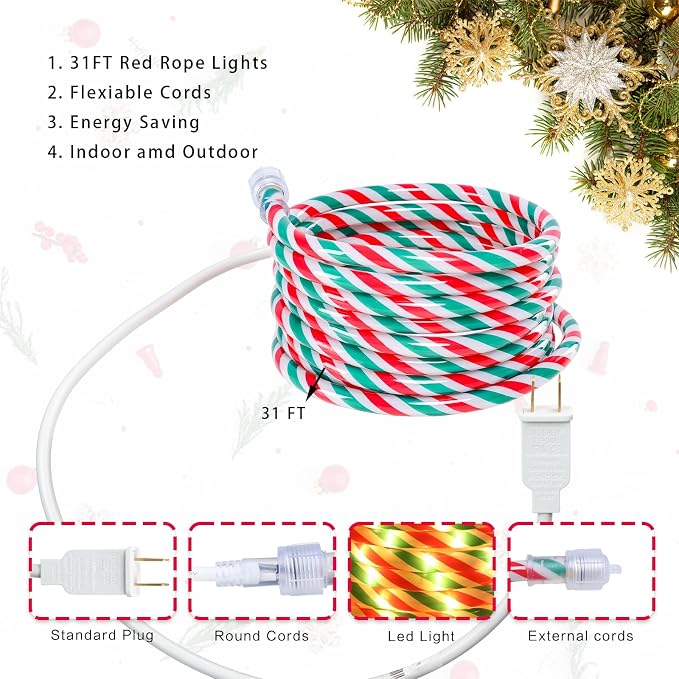 Vigdur Candy Cane Rope Lights Outdoor, 33FT 216 LEDs Christamas Rope Lights | Connectable And Flexible Clear Tube, IP65 Waterproof, Christmas Rope Lights for Patios Gardens Parties And Christmas Décor