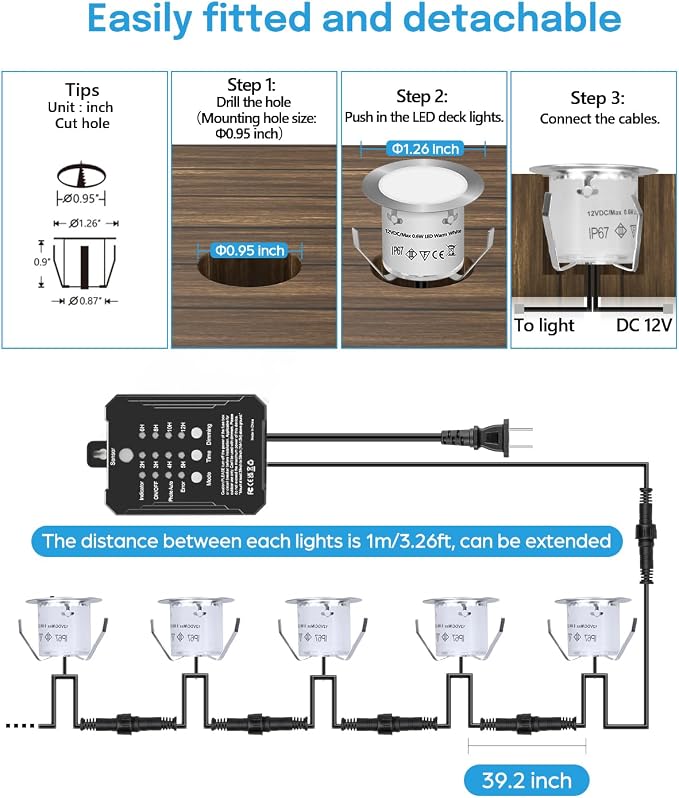 HIBOITEC 30 Packs Low Voltage Deck Lights Recessed Kit with Transformer Dimmable Timer and Photocell Sensor Outdoor LED Deck Lighting IP67 Waterproof 2700K for Garden Yard Stair Patio Floor Decoration