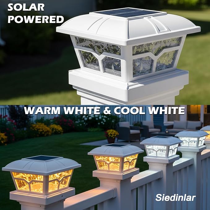 SIEDiNLAR Solar Post Cap Lights Outdoor 2 Color Modes 8 LEDs for 4x4 5x5 6x6 Posts Fence Deck Patio Decoration Warm White & Cool White Lighting White (6 Pack)