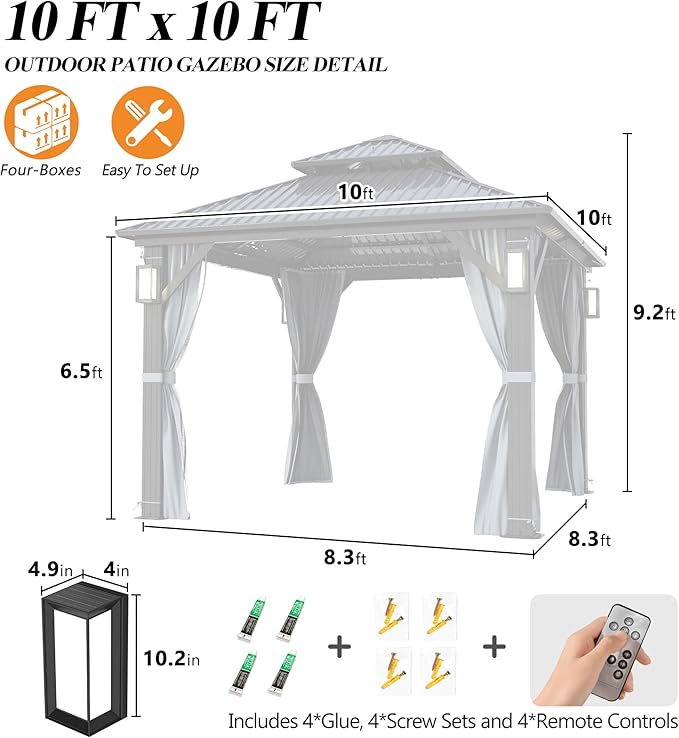 GARTOO 10'x10' Outdoor Hardtop Gazebo with Double Roof - Heavy-Duty Steel Top Aluminum Frame Gazebo with Solar LED Light, Breathable Netting & Privacy Curtain for Patio, Porch, Garden, Backyard
