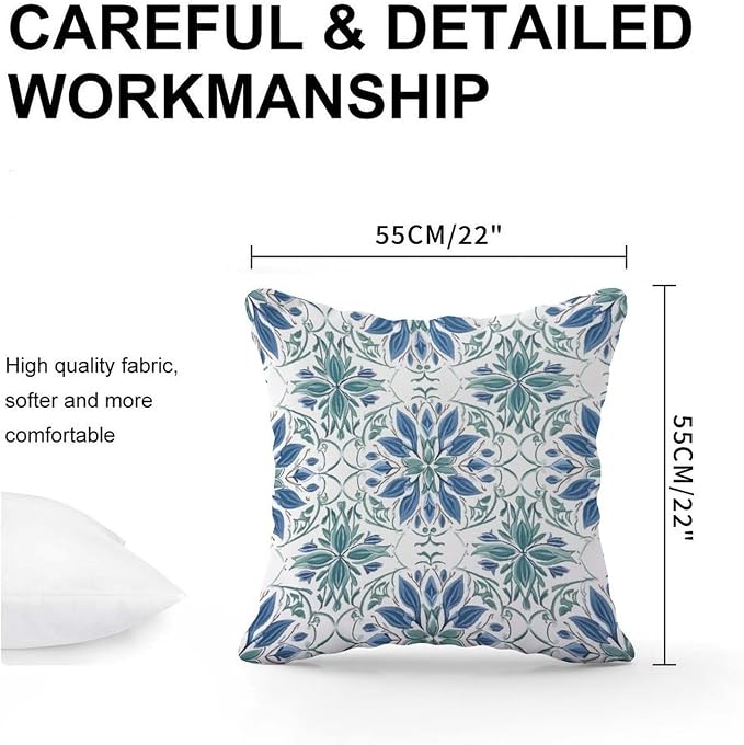 Pillowcase Mughal Flower Pillowcase Farmhouse Blue Lotus Floral Pillow Cover Accent Throw Pillow Covers Farmhouse Decorative for Sofa Bed Chair Car 22x22 in