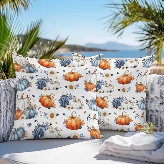 Fall Outdoor Throw Pillows Covers 20x20 inch Set of 2 Waterproof Orange Blue White Pumpkin Zippered Cushion Covers for Patio Furniture, Flowers Autumn Maple Leaf Thanksgiving Lumbar Pillowcases