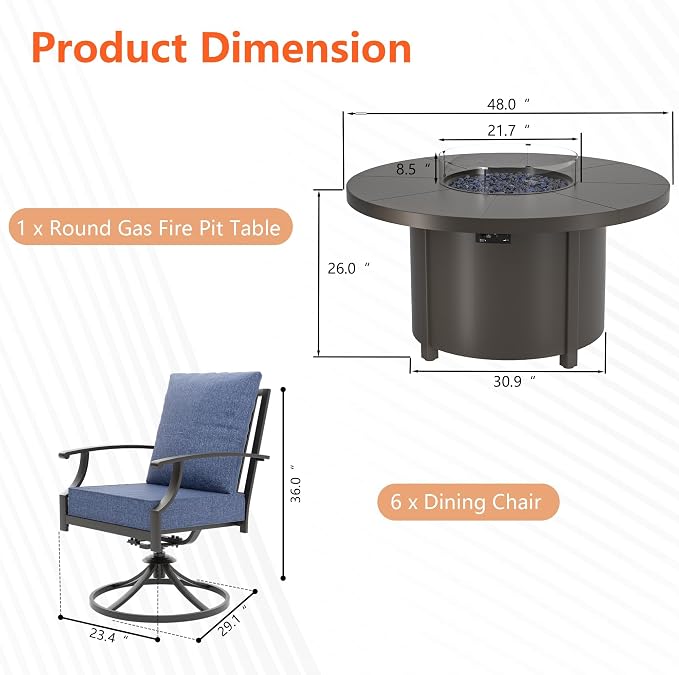 7 Pieces Outdoor Patio Furniture Set with 48" 55000 BTU Round Propane Fire Pit Table,Patio Dining Set Outdoor Conversation Sets 6 Swivel Chairs for Deck,Backyard and Garden,Dark Blue