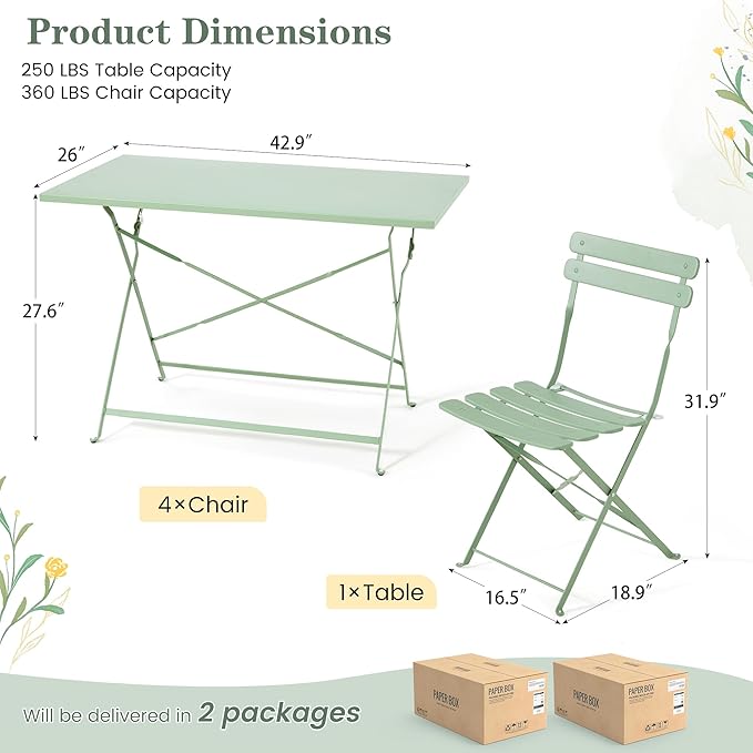 MELLCOM 5-Piece Foldable Patio Dining Set with Rectangular Table and Chairs, Weather-Resistant Iron Outdoor Dining Set for 4 People, Outdoor Table and Chairs for Patio, Yard, Indoor, Green
