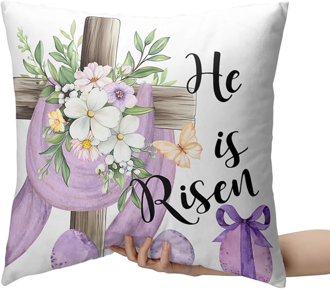 Pack of 2 Easter Pillow Covers 22x22 Floral Eggs Bunny Throw Pillow Covers Cross He is Risen Pillow Cases Purple Cushion Cases Easter Decorations for Home Couch Sofa Farmhouse
