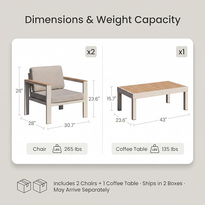 Outdoor Patio Furniture Set, 3-Piece Aluminum Conversation Set with 2 Chairs and Coffee Table, 5-Inch Water-Resistant Cushions, Powder-Coated Frame for Porch, Deck, Backyard, Beige