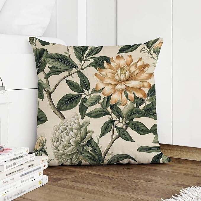 Green and White Chinoiserie Floral Pillow Cover Golden Lotus Flower Pillows 20x20 INAbstract Accent Modern Decorative Pillow Covers for Patio Couch Sofa