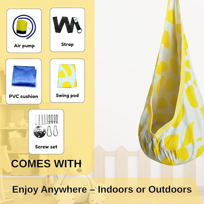 Calming Sensory Swing - Indoor Sensory Hammock for Kids & Adults, Supports up to 170 lb (77 kg), Double-Layer Canvas Fabric, Hanging Hardware Included, White-Yellow