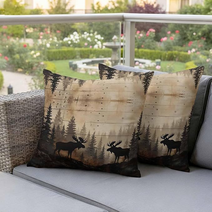 Nature Landscape Outdoor Waterproof Pillow Covers Pack of 2, Rustic Moose Forest Pine Silhouettes Wildlife Throw Pillowcases Decorative Cushion Covers for Garden Patio Tent Sofa Couch, 16x16 inch
