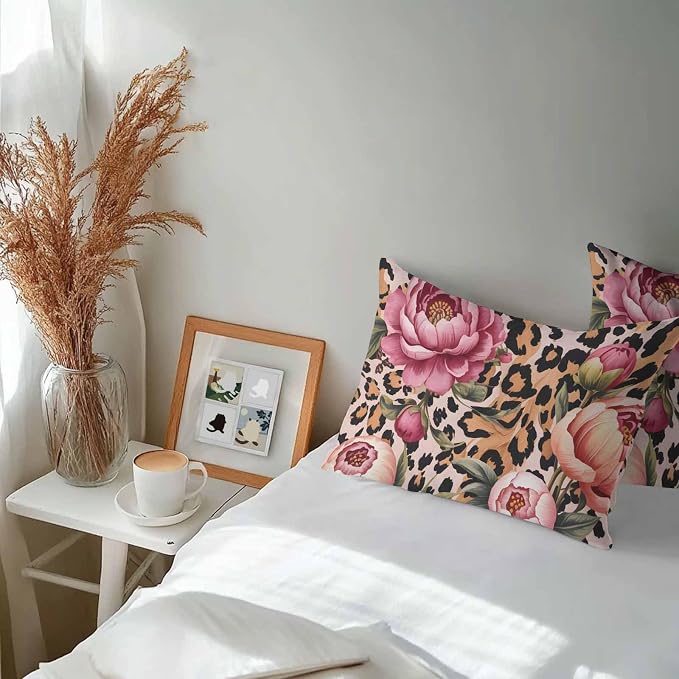 Vandarllin Outdoor Throw Pillows Covers 20x12 inch Set of 2 Waterproof Leopard Print Decorative Zippered Cushion Covers for Patio Furniture, Pink Floral Retro Animal Skin Lumbar Pillowcases