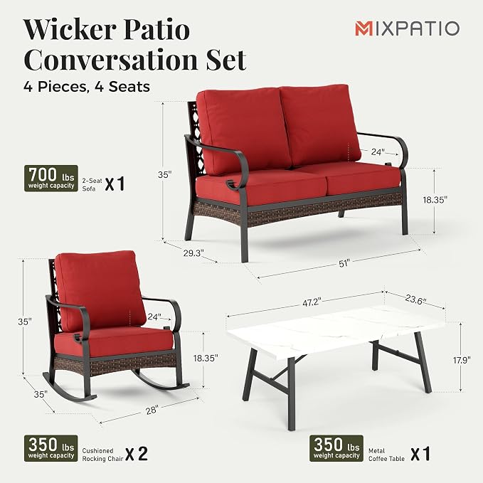 MIXPATIO Patio Furniture Set with Coffee Table, Outdoor Conversation Set with 2 x Rocking Chair, 1 x 2-Seat Sofa for Lawn Garden Backyard, Red