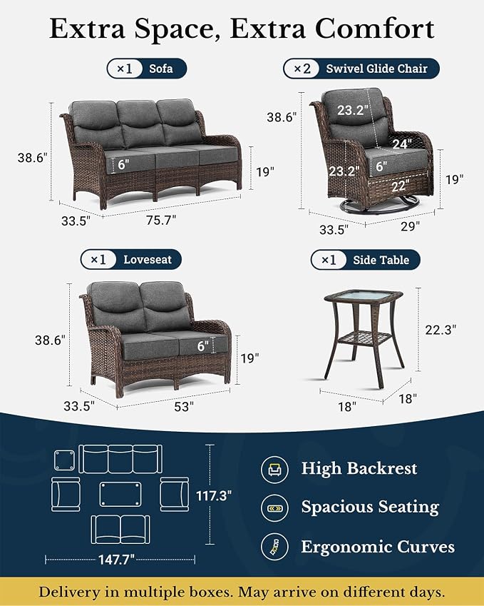 HILLGA Luxury Outdoor Patio Furniture Set with 6-Inch Thick Cushions, High Back Wicker Swivel Rocker Chairs, 6 Pcs All Weather Conversation Set for Large Deck, Yard and Poolside, Gray (V3)