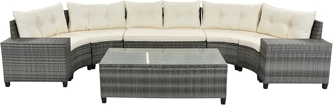 8-pieces Outdoor Patio Half-Moon Sectional Sofa Sets With Rectangular Coffee Table, All Weather PE Rattan Wicker Curved Sofa Set, Water-resistant and UV Protected Conversation Sets (Beige 8-pieces)