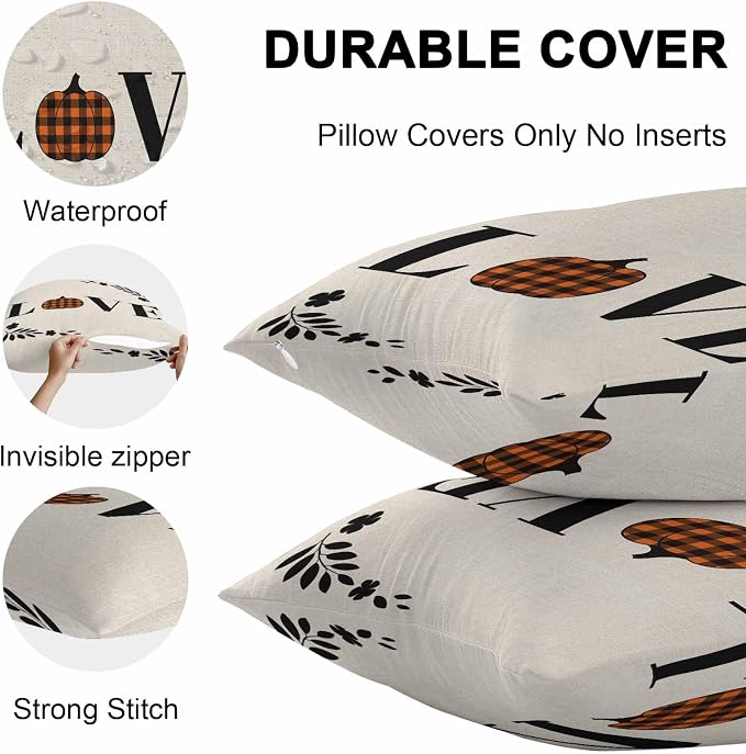 Orange Pumpkin Outdoor Waterproof Pillow Covers, Fall Leaves Love Heart Beige Pastoral Decorative Rectangle Throw Pillowcase Sofa Cushion Sham for Patio/Couch/Chair, 20"x12" 2 Pack