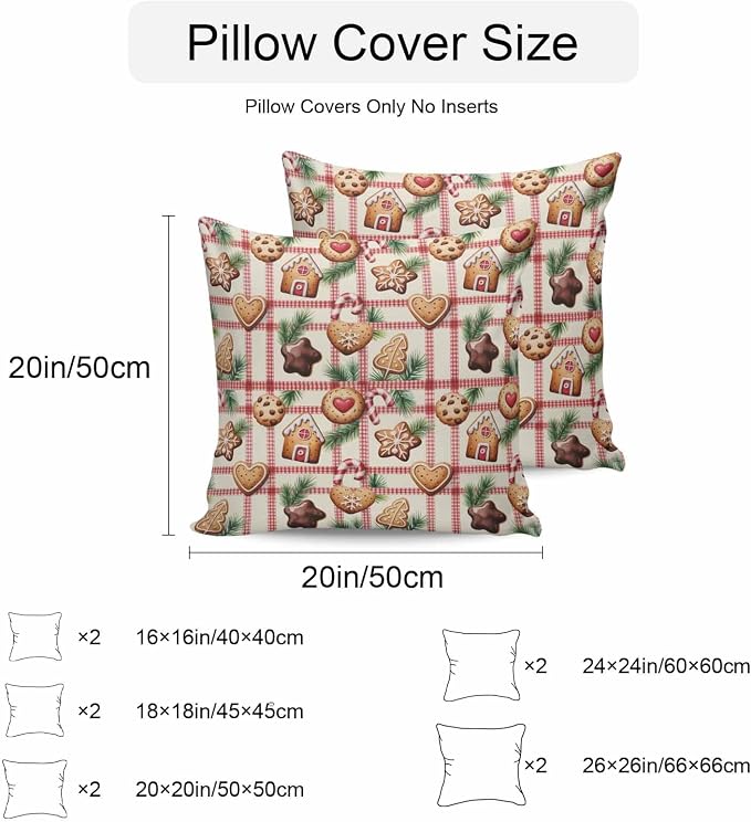 Outdoor Waterproof Throw Pillow Covers, Christmas Cartoon Gingerbread Man Plaid Candy Canes Pine Leaves House Pillowcases Cushion Covers Cases for Patio Couch Bench, Pack of 2 Square, 20X20 Inch