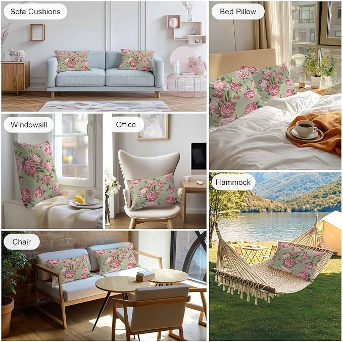 Flowers Vintage Outdoor Pillow Covers 20x12 Inch Lumbar Pillow Covers Set of 2 Waterproof Decorative Throw Pillow Cases Green Leaves Pastoral Floral Country Cushion Covers for Patio Furniture Garden