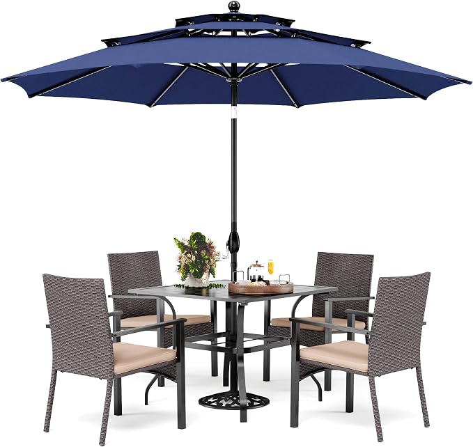 PHI VILLA 5pc Patio Dining Set with Umbrella, Square Table, Rattan Chairs | 37" Metal square dining table, cushioned wicker chairs, 10ft blue umbrella. Perfect for patio, deck, yard, porch.