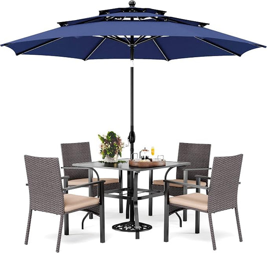 PHI VILLA 5pc Patio Dining Set with Umbrella, Square Table, Rattan Chairs | 37" Metal square dining table, cushioned wicker chairs, 10ft blue umbrella. Perfect for patio, deck, yard, porch.