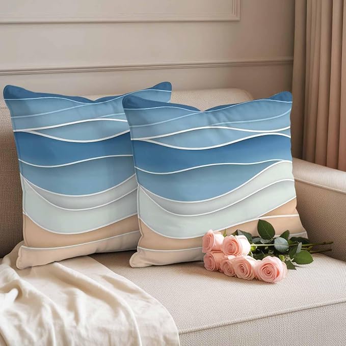 Blue Waterproof Outdoor Pillow Covers Set of 2 Home Decor, Ocean Wave Stripes Modern Abstract Beach Geometric Pillowcase Patio Pillow Covers for Couch Bench Furniture Garden 20x20in