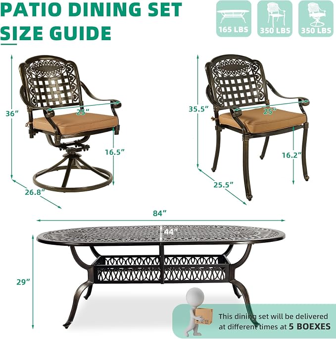 VIVIJASON 9-Piece Patio Furniture Dining Set, All-Weather Cast Aluminum Outdoor Conversation Set, Include 6 Stationary Chairs, 2 Swivel Dining Chairs and an Oval Table with Umbrella Hole