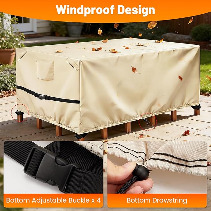 POMER Rectangular Patio Furniture Covers-Outdoor Furniture Covers Waterproof,600D Table and Chairs Cover for All-Weather Protection 108L X 82W X 28H Inch Beige