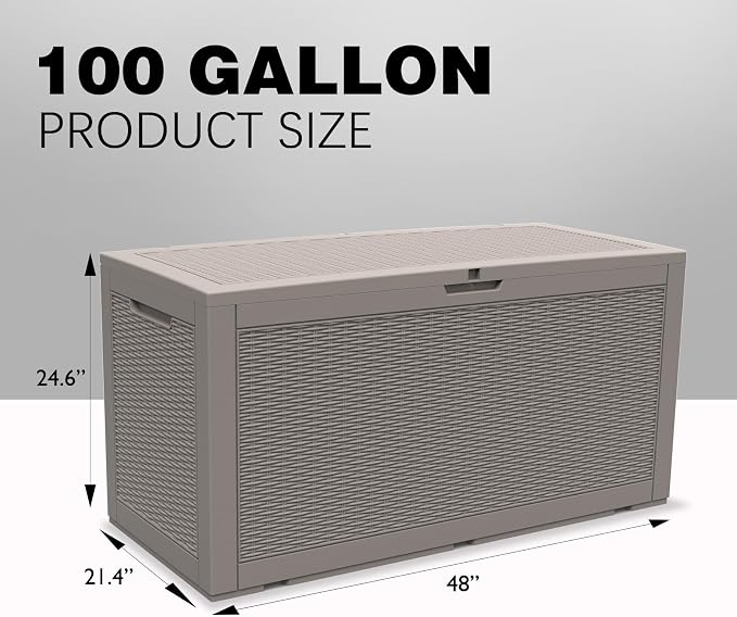 DIKEP 100 Gallon Polypropylene(PP) Deck Box Lockable Outdoor Storage Box for Patio Furniture Cushions, Garden Tools, Pool Supplies | Built-in Handles Waterproof Storage Container, Gray