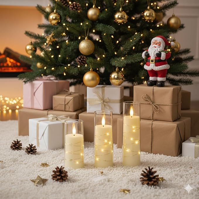 Raycare Flameless Candle with Remote Timer, 3 Flickering Acrylic Battery Operated LED Pillar Candles with Embedded Star String for Valentine's Day, Home Decor, and as a Gift(Ivory)