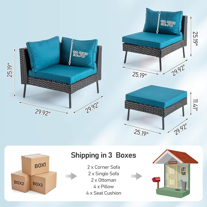Outvita 6 Pieces Patio Furniture Set, All-Weather Outdoor Sectional Patio Sofa PE Rattan Manual Weaving Wicker Conversation Set with Ottoman & Adjustable Feet & Pillow & Seat Cushion, Green & Black